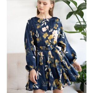 NWT Chicwich Women's Navy Floral Printed Bubble Sleves Frilling Dress Size M 432